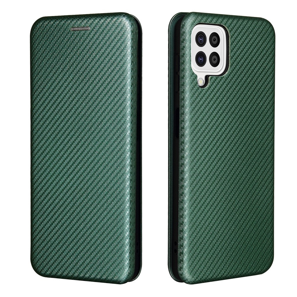 For Samsung Galaxy A22 4G (EU Version) Auto-absorbed Leather Case Carbon Fiber Texture Shock-proof Flip Cover with Card Holder and Ring Strap