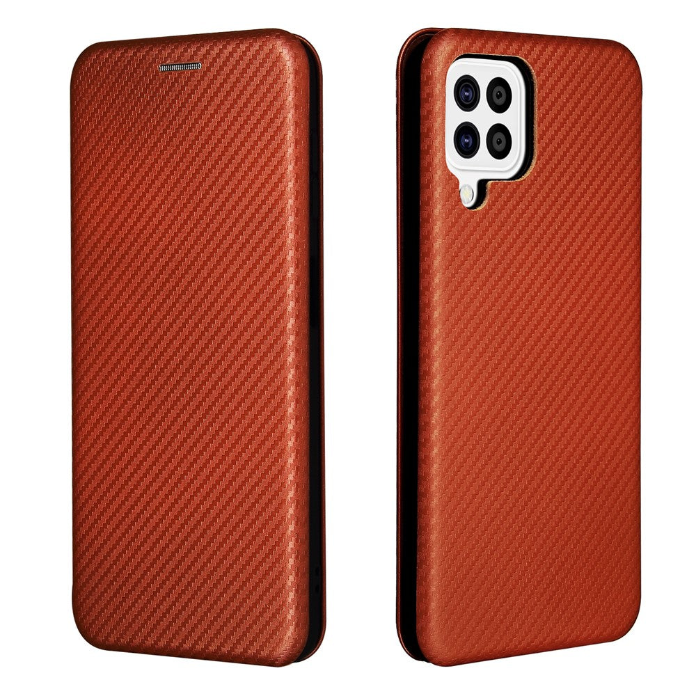 For Samsung Galaxy A22 4G (EU Version) Auto-absorbed Leather Case Carbon Fiber Texture Shock-proof Flip Cover with Card Holder and Ring Strap