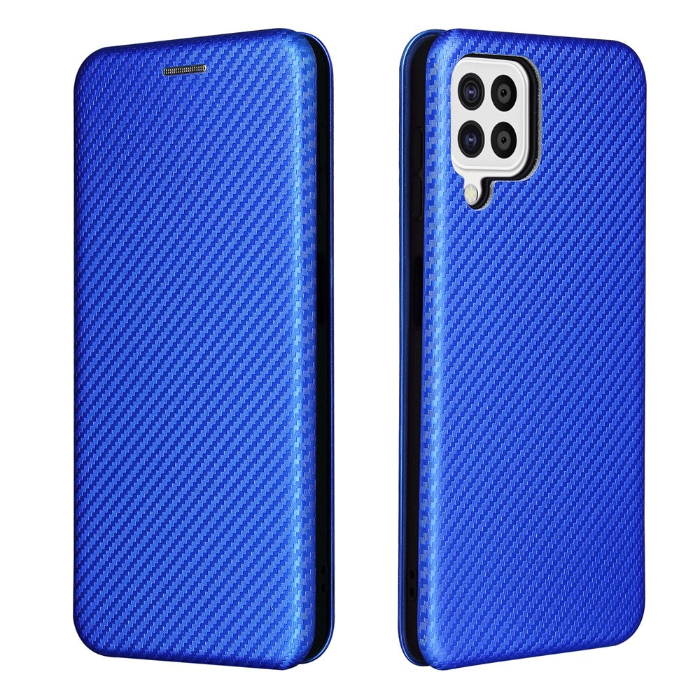 For Samsung Galaxy A22 4G (EU Version) Auto-absorbed Leather Case Carbon Fiber Texture Shock-proof Flip Cover with Card Holder and Ring Strap