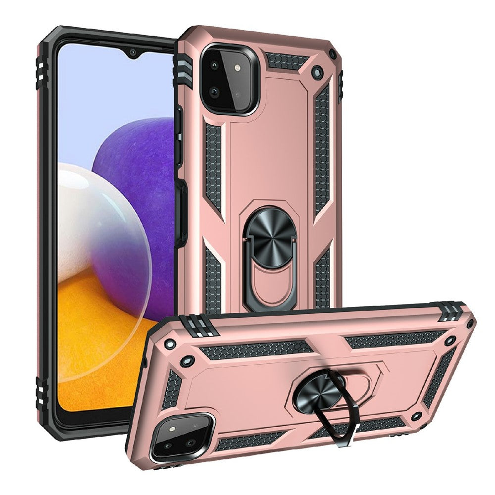 Shock-Absorbed PC + TPU Combo Hybrid Phone Shell with Ring Kickstand for Samsung Galaxy A22 5G (EU Version)