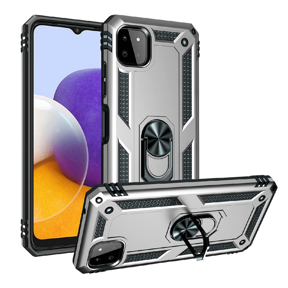 Shock-Absorbed PC + TPU Combo Hybrid Phone Shell with Ring Kickstand for Samsung Galaxy A22 5G (EU Version)