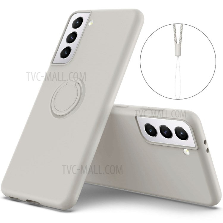 Solid Color Liquid Silicone Phone Protective Shell with Strap and Kickstand for Samsung Galaxy S21 5G/4G