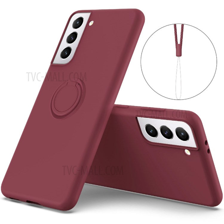 Solid Color Liquid Silicone Phone Protective Shell with Strap and Kickstand for Samsung Galaxy S21 5G/4G