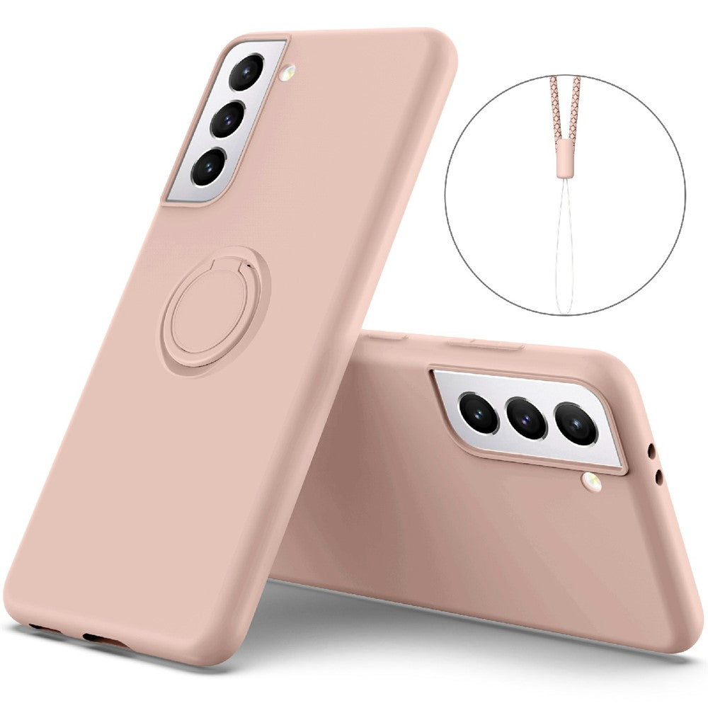 Solid Color Liquid Silicone Phone Protective Shell with Strap and Kickstand for Samsung Galaxy S21 5G/4G