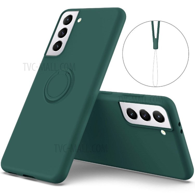 Solid Color Liquid Silicone Phone Protective Shell with Strap and Kickstand for Samsung Galaxy S21 5G/4G