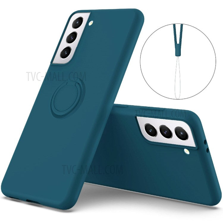 Solid Color Liquid Silicone Phone Protective Shell with Strap and Kickstand for Samsung Galaxy S21 5G/4G