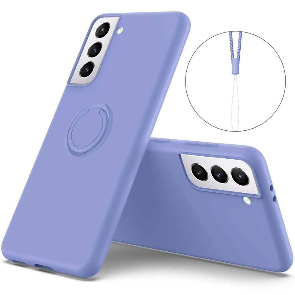 Solid Color Liquid Silicone Phone Protective Shell with Strap and Kickstand for Samsung Galaxy S21 5G/4G
