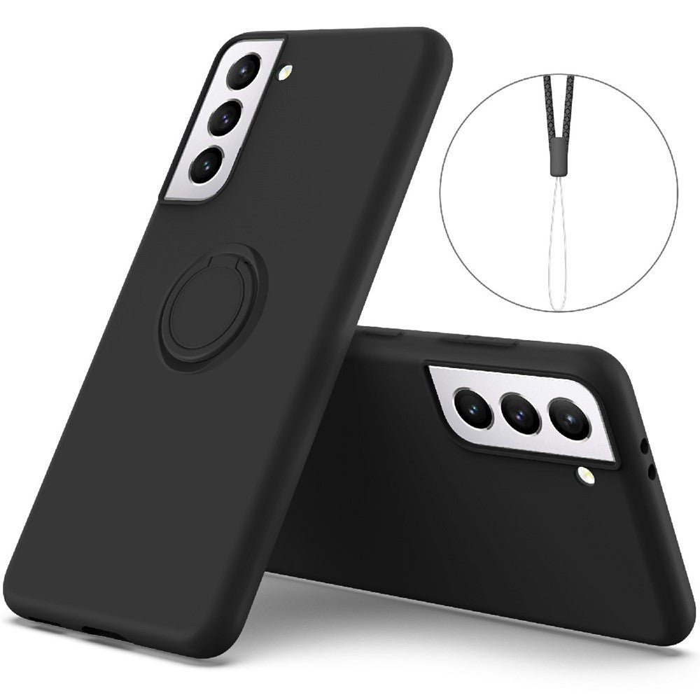 Flydende silikone-ring-kickstand-design telefonbeskyttelsescover med strop til Samsung Galaxy S21+ 5G