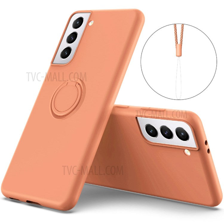 Liquid Silicone Ring Kickstand Design Phone Protective Shell with Strap for Samsung Galaxy S21+ 5G