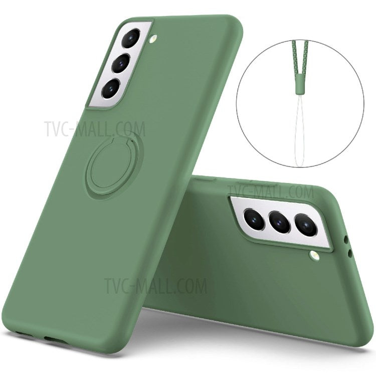 Liquid Silicone Ring Kickstand Design Phone Protective Shell with Strap for Samsung Galaxy S21+ 5G