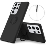 Ring Kickstand Design Soft Liquid Silicone Phone Protective Shell with Strap for Samsung Galaxy S21 Ultra 5G