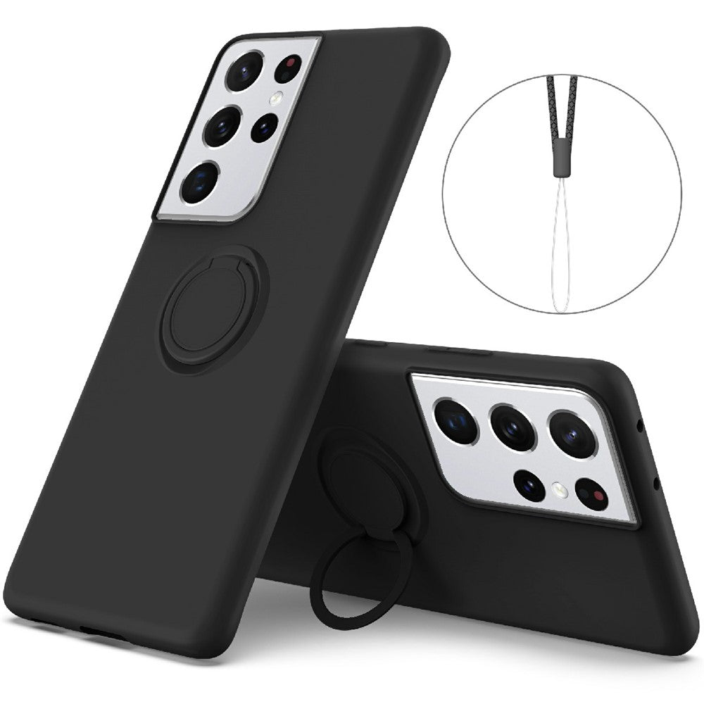 Ring Kickstand Design Soft Liquid Silicone Phone Protective Shell with Strap for Samsung Galaxy S21 Ultra 5G