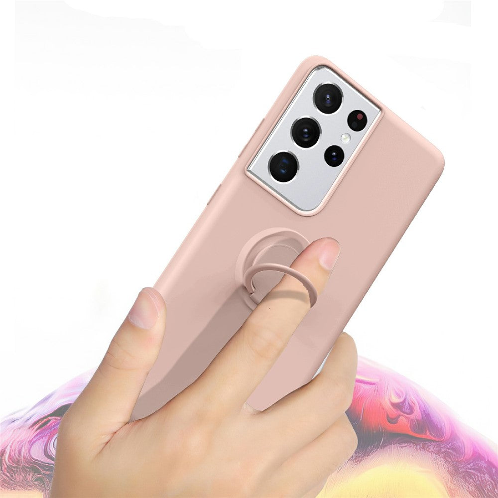 Ring Kickstand Design Soft Liquid Silicone Phone Protective Shell with Strap for Samsung Galaxy S21 Ultra 5G