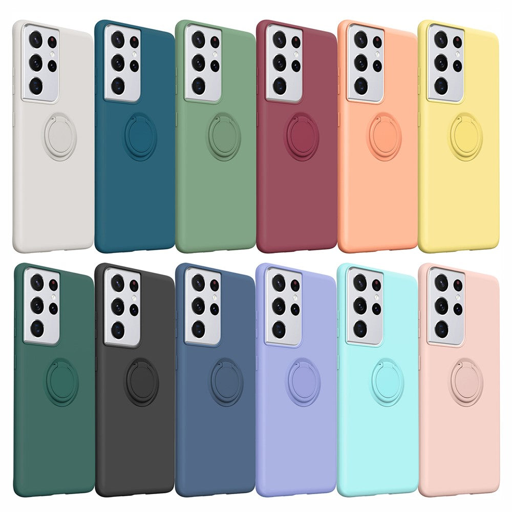 Ring Kickstand Design Soft Liquid Silicone Phone Protective Shell with Strap for Samsung Galaxy S21 Ultra 5G