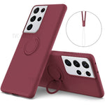 Ring Kickstand Design Soft Liquid Silicone Phone Protective Shell with Strap for Samsung Galaxy S21 Ultra 5G