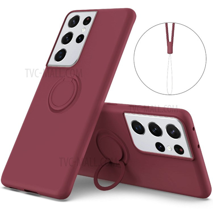 Ring Kickstand Design Soft Liquid Silicone Phone Protective Shell with Strap for Samsung Galaxy S21 Ultra 5G