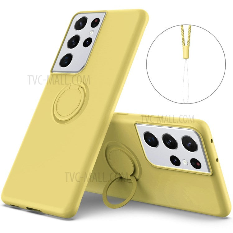 Ring Kickstand Design Soft Liquid Silicone Phone Protective Shell with Strap for Samsung Galaxy S21 Ultra 5G