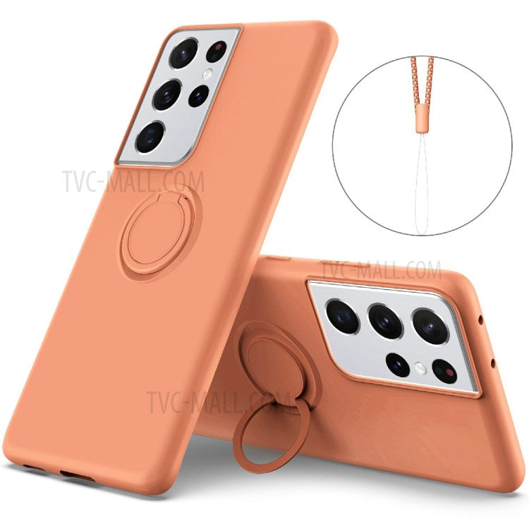 Ring Kickstand Design Soft Liquid Silicone Phone Protective Shell with Strap for Samsung Galaxy S21 Ultra 5G