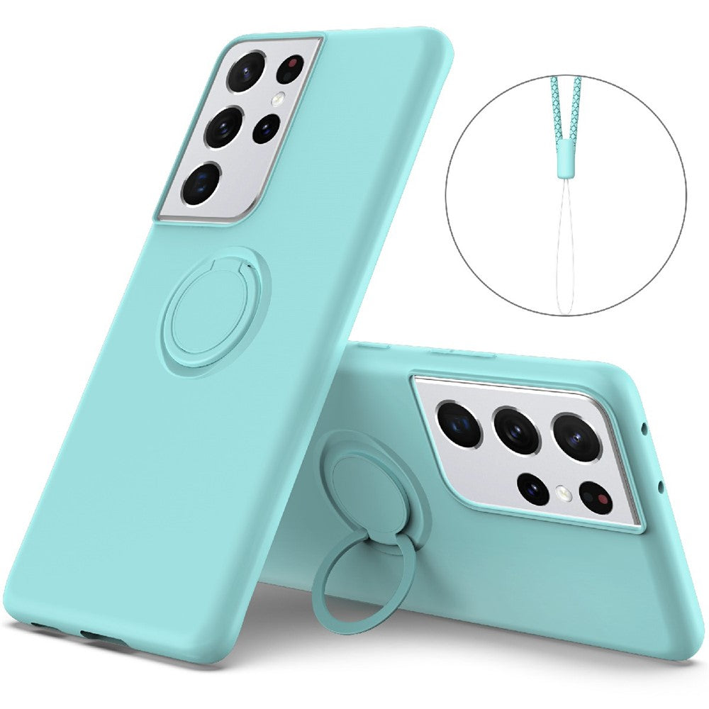Ring Kickstand Design Soft Liquid Silicone Phone Protective Shell with Strap for Samsung Galaxy S21 Ultra 5G