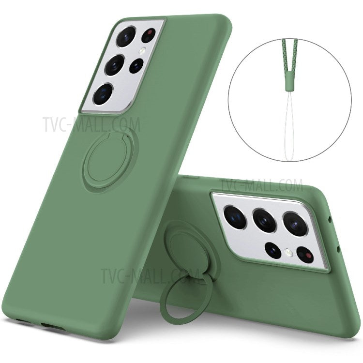 Ring Kickstand Design Soft Liquid Silicone Phone Protective Shell with Strap for Samsung Galaxy S21 Ultra 5G
