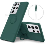 Ring Kickstand Design Soft Liquid Silicone Phone Protective Shell with Strap for Samsung Galaxy S21 Ultra 5G
