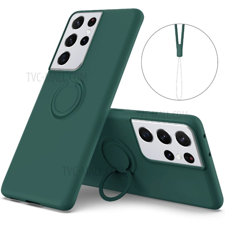 Ring Kickstand Design Soft Liquid Silicone Phone Protective Shell with Strap for Samsung Galaxy S21 Ultra 5G