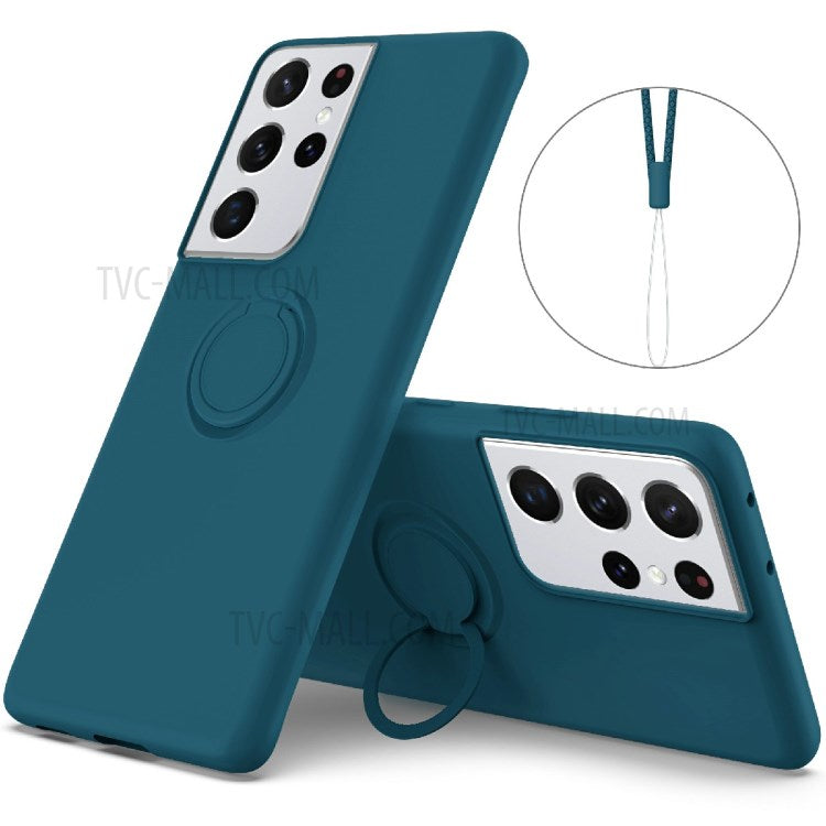 Ring Kickstand Design Soft Liquid Silicone Phone Protective Shell with Strap for Samsung Galaxy S21 Ultra 5G