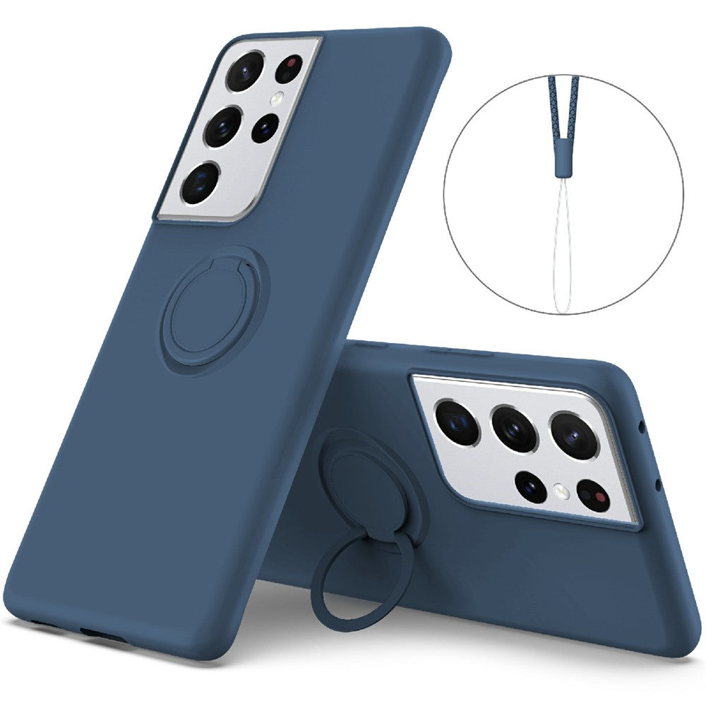Ring Kickstand Design Soft Liquid Silicone Phone Protective Shell with Strap for Samsung Galaxy S21 Ultra 5G
