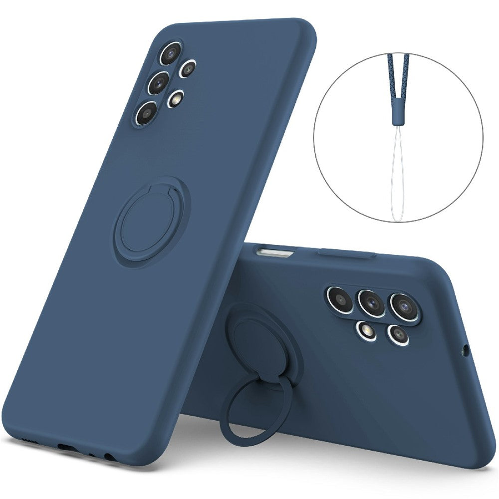 Ring Kickstand Design Plain Liquid Silicone Phone Protective Shell with Strap for Samsung Galaxy A32 4G (EU Version)