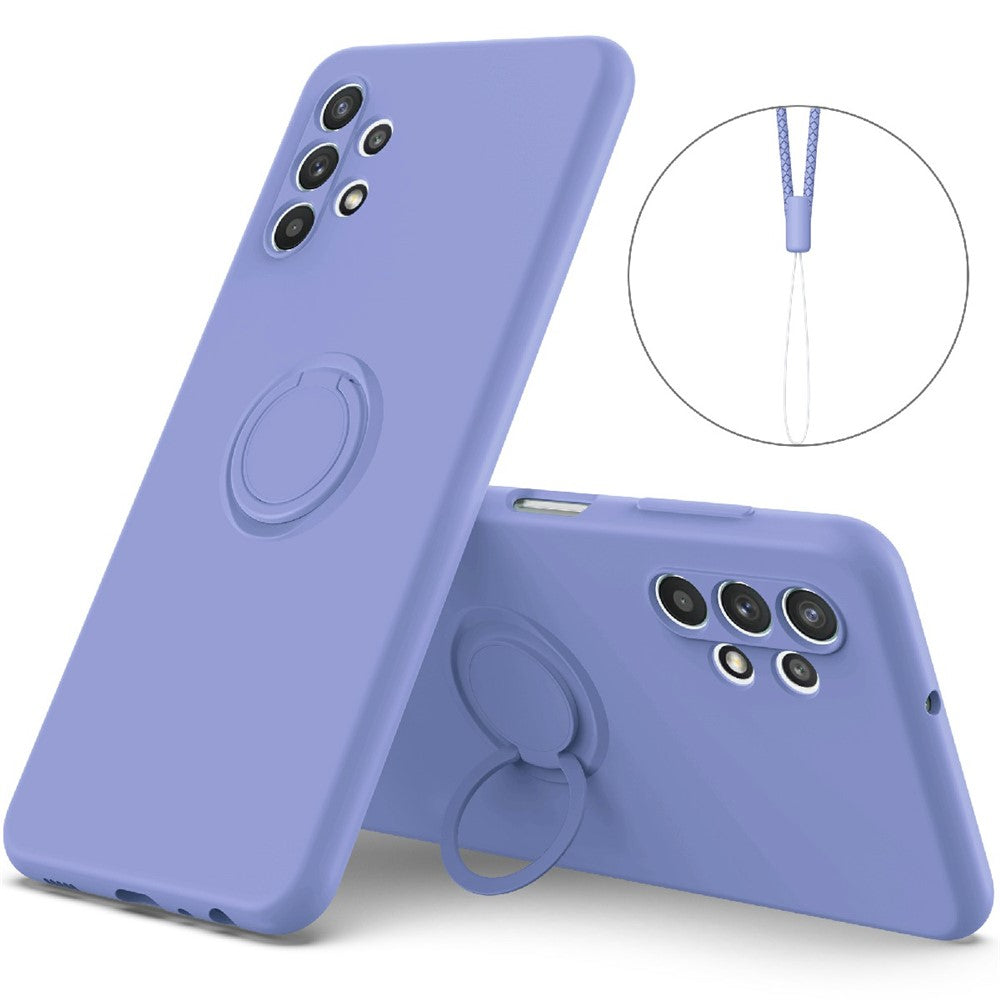 Ring Kickstand Design Plain Liquid Silicone Phone Protective Shell with Strap for Samsung Galaxy A32 4G (EU Version)