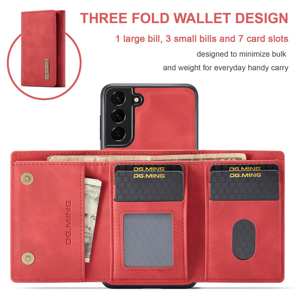DG.MING M1 Series Aftageligt 2-i-1 Magnetisk Pung Design Læderbelagt TPU + PC Cover med Kickstand til Samsung Galaxy S21+ 5G