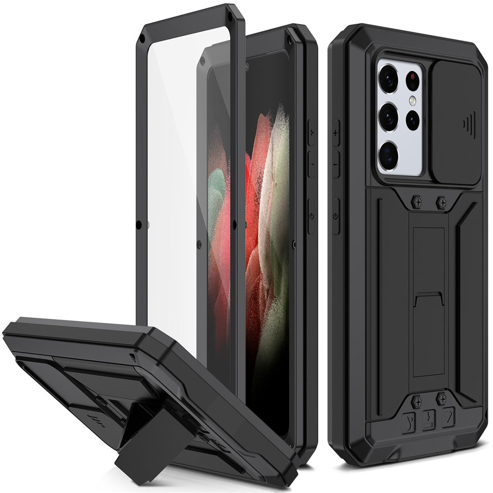 R-JUST Kickstand Full-Body Shockproof Metal Case with Built-in Screen Protector and Slide Camera Lens Cover for Samsung Galaxy S21 Ultra 5G