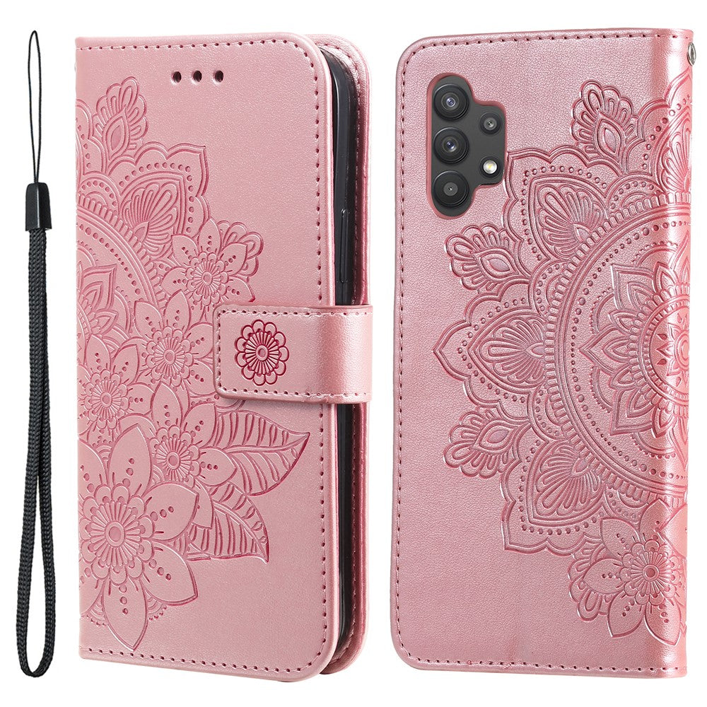 PU Læder Præget Blomstermønster Pung Telefoncover med Snor til Samsung Galaxy A32 4G (EU-version)