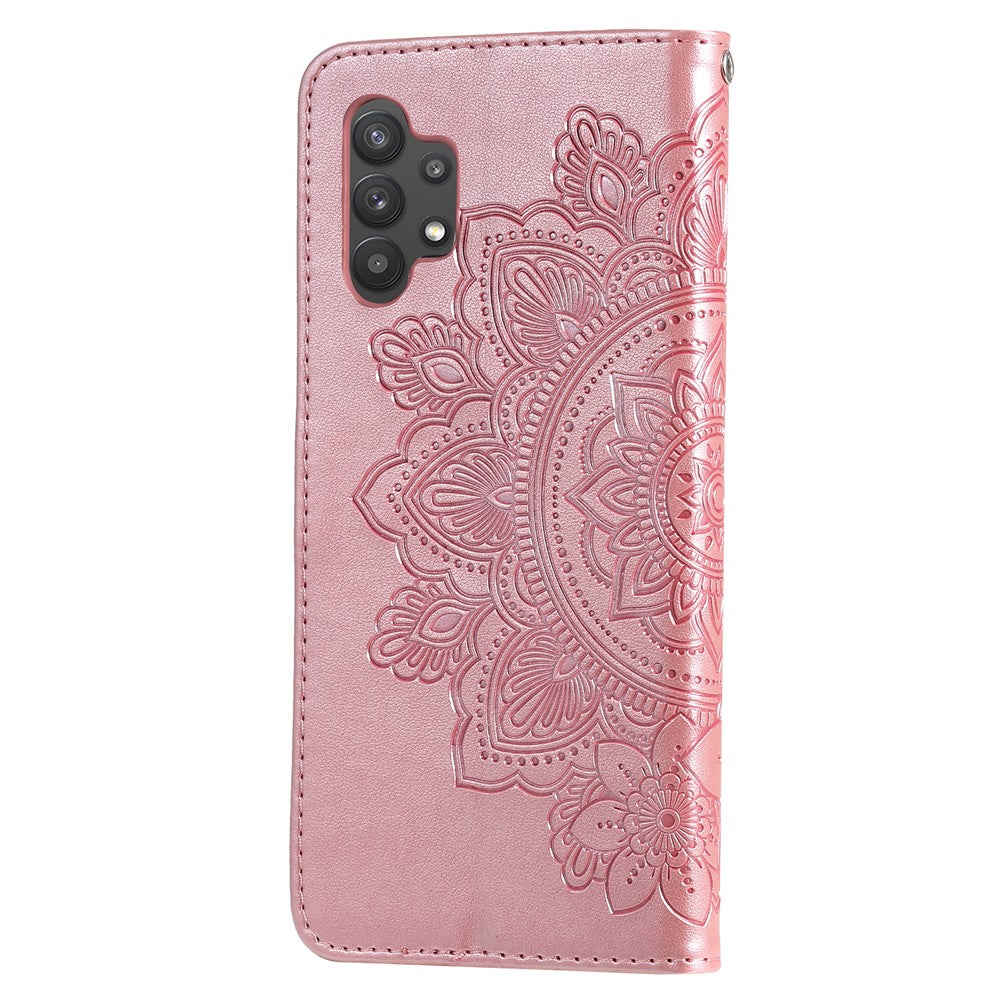 PU Læder Præget Blomstermønster Pung Telefoncover med Snor til Samsung Galaxy A32 4G (EU-version)