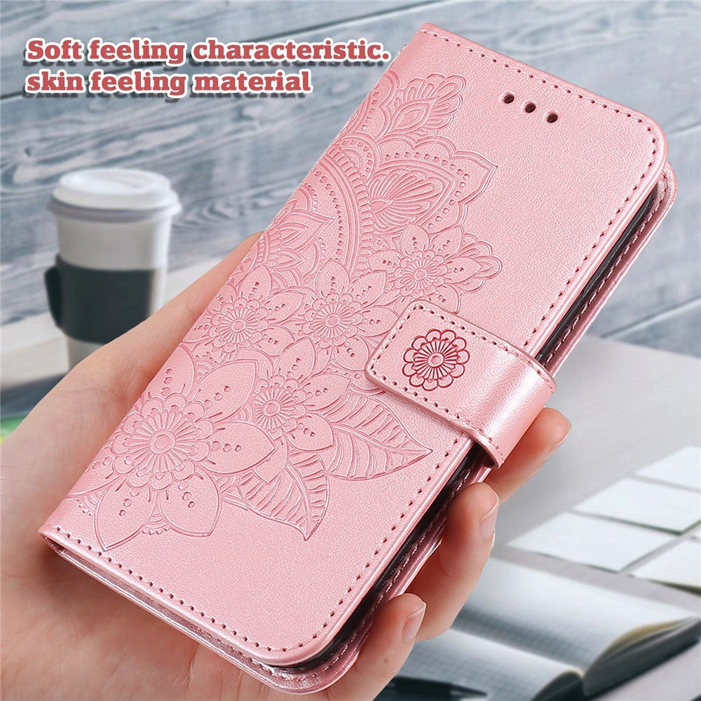 PU Læder Præget Blomstermønster Pung Telefoncover med Snor til Samsung Galaxy A32 4G (EU-version)