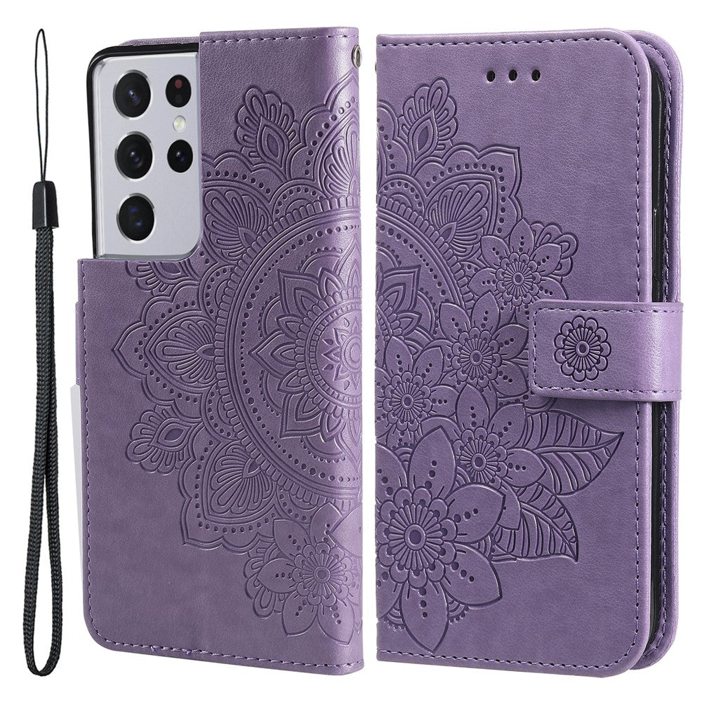 PU Leather Wallet Phone Case [Imprint Flowers Pattern] with Lanyard for Samsung Galaxy S21 Ultra 5G