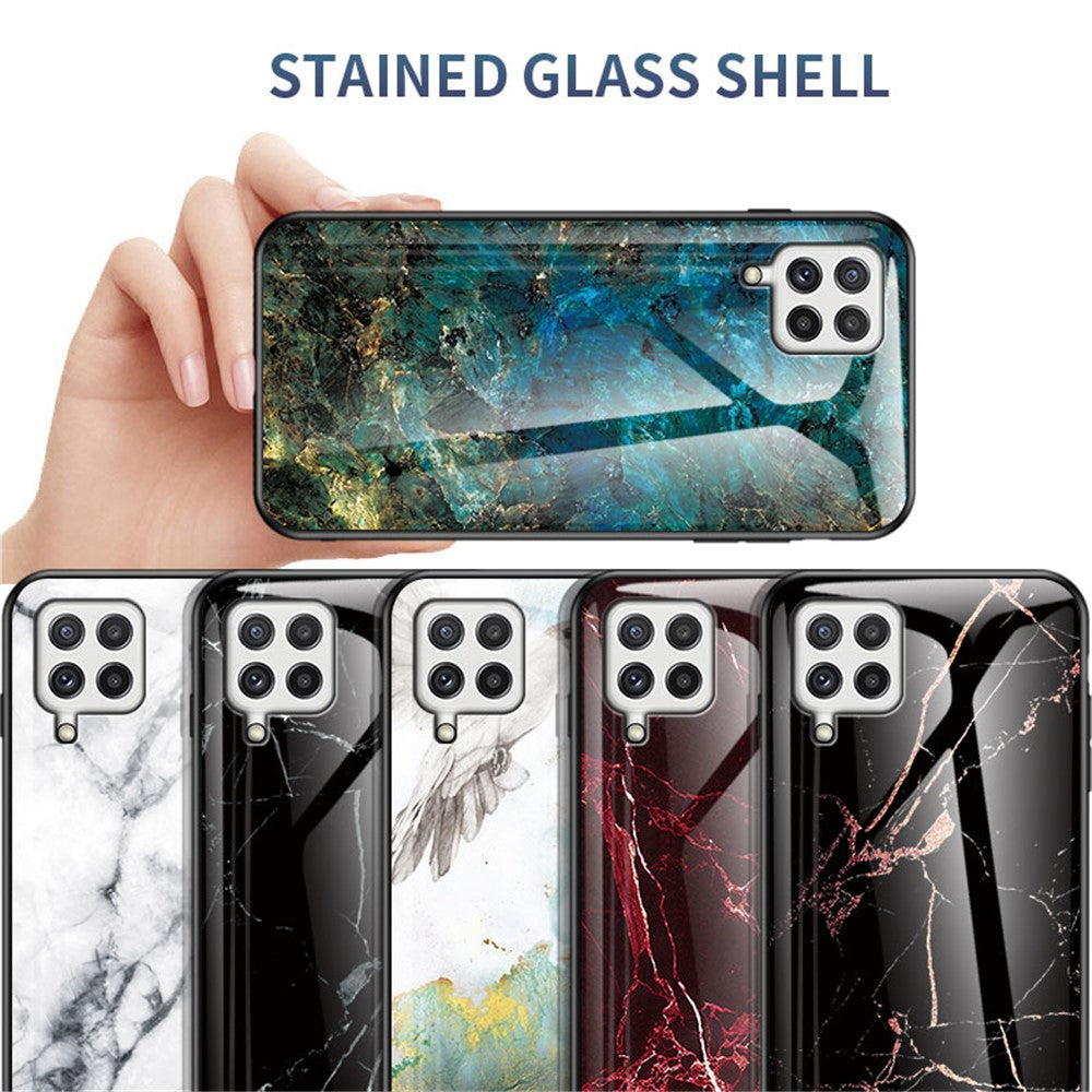 Hærdet Glas Marmormønster Stødsikkert Hybrid Beskyttende Telefoncover i Hård PC og Blød TPU til Samsung Galaxy A22 4G (EU Version)