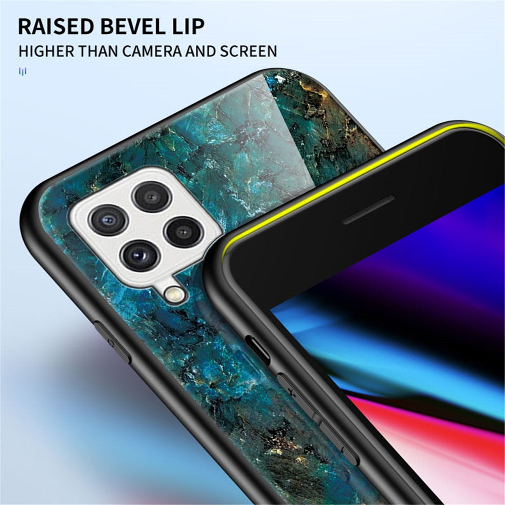 Hærdet Glas Marmormønster Stødsikkert Hybrid Beskyttende Telefoncover i Hård PC og Blød TPU til Samsung Galaxy A22 4G (EU Version)