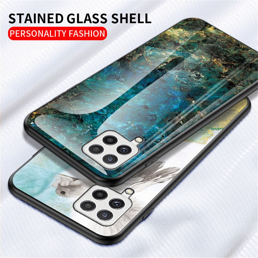 Hærdet Glas Marmormønster Stødsikkert Hybrid Beskyttende Telefoncover i Hård PC og Blød TPU til Samsung Galaxy A22 4G (EU Version)