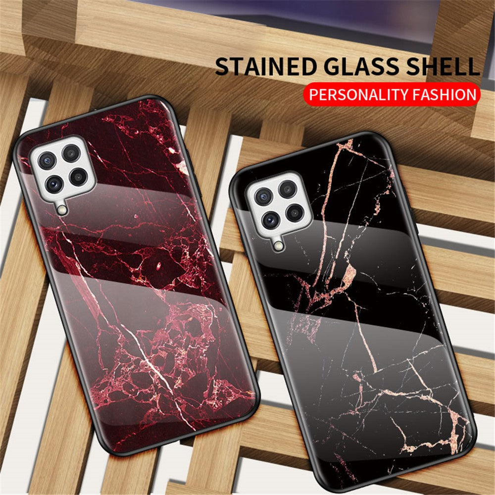 Hærdet Glas Marmormønster Stødsikkert Hybrid Beskyttende Telefoncover i Hård PC og Blød TPU til Samsung Galaxy A22 4G (EU Version)