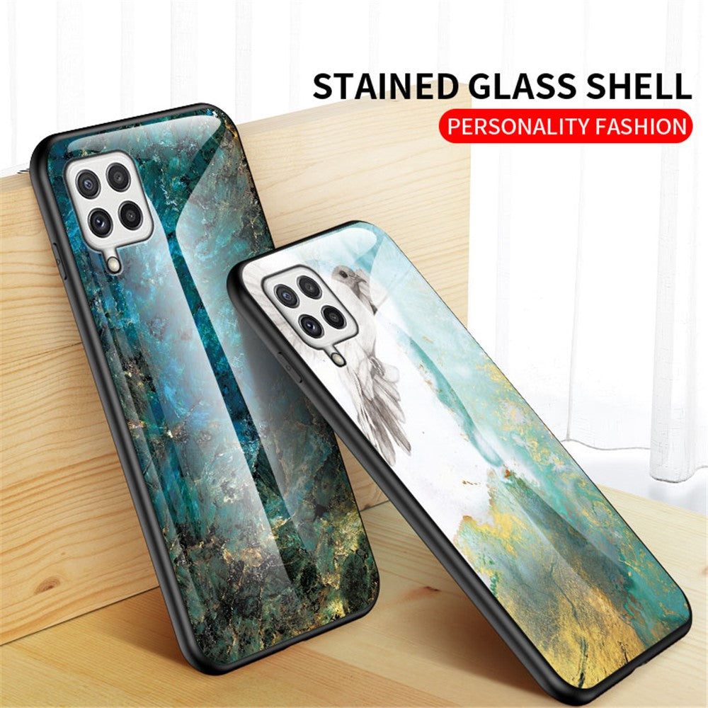 Hærdet Glas Marmormønster Stødsikkert Hybrid Beskyttende Telefoncover i Hård PC og Blød TPU til Samsung Galaxy A22 4G (EU Version)