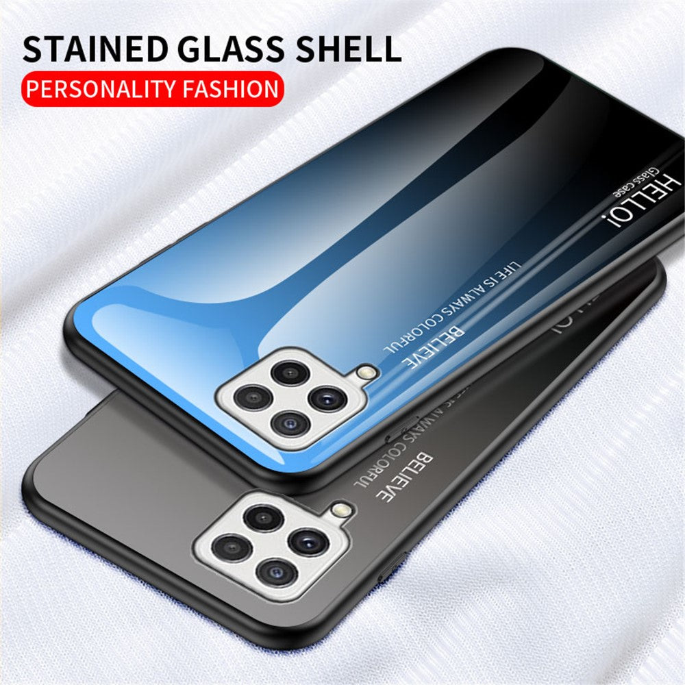 Tempered Glass Design Gradient Color Pattern TPU Frame Hybrid Shockproof Phone Case for Samsung Galaxy A22 4G (EU Version)