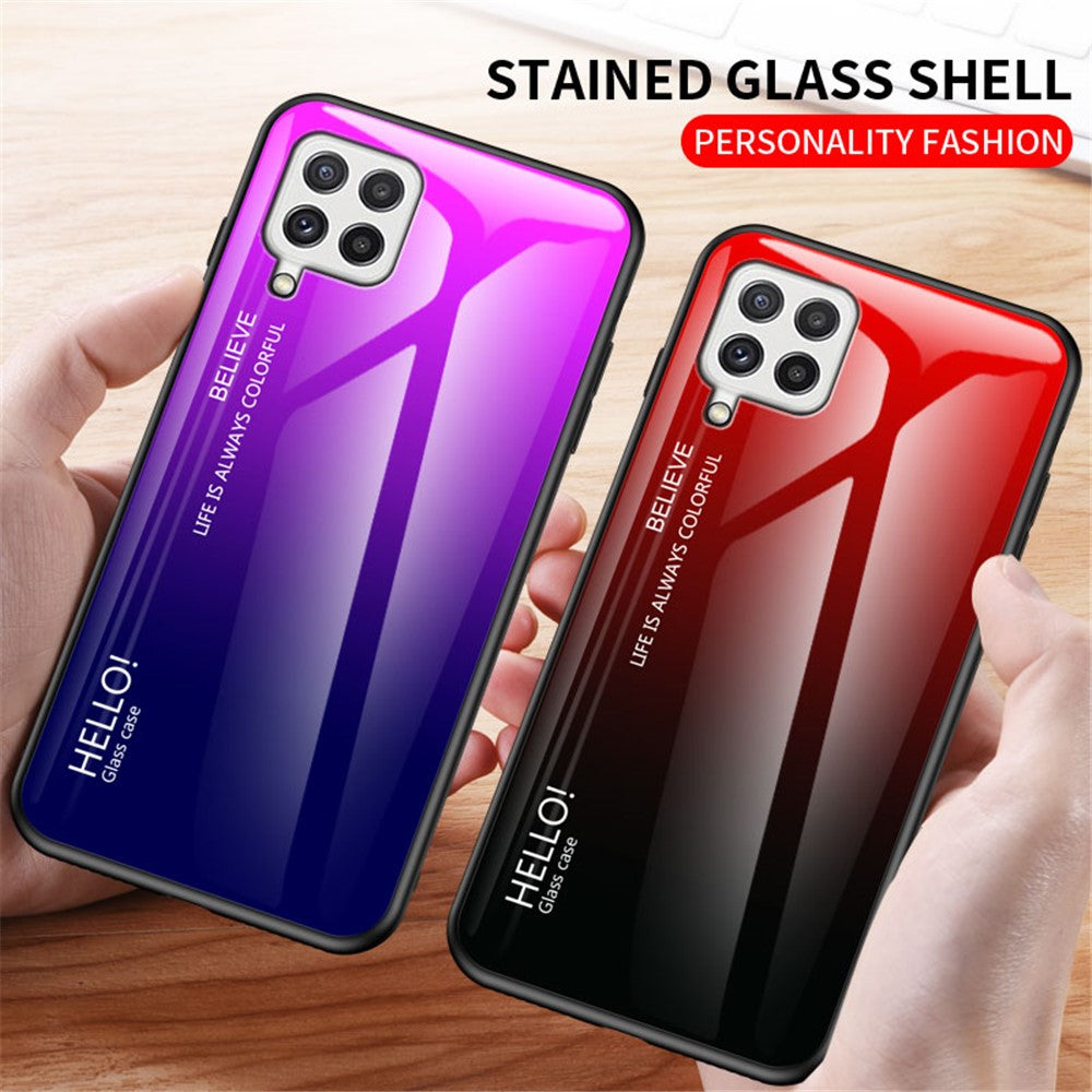 Tempered Glass Design Gradient Color Pattern TPU Frame Hybrid Shockproof Phone Case for Samsung Galaxy A22 4G (EU Version)