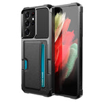 ZM02 Fallskyddande PU-läderbelagt TPU-hybridskal med korthållare och inbyggt magnetiskt ark för Samsung Galaxy S21 Ultra 5G