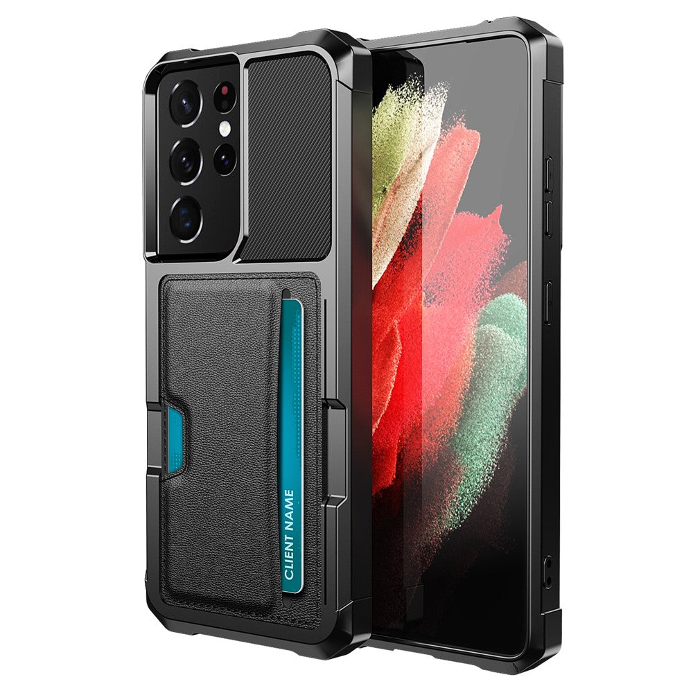 ZM02 Fallskyddande PU-läderbelagt TPU-hybridskal med korthållare och inbyggt magnetiskt ark för Samsung Galaxy S21 Ultra 5G