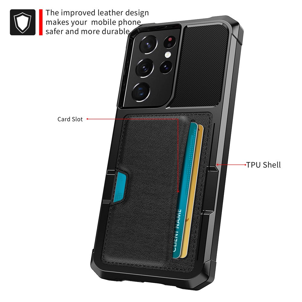 ZM02 Fallskyddande PU-läderbelagt TPU-hybridskal med korthållare och inbyggt magnetiskt ark för Samsung Galaxy S21 Ultra 5G