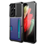 ZM02 Fallskyddande PU-läderbelagt TPU-hybridskal med korthållare och inbyggt magnetiskt ark för Samsung Galaxy S21 Ultra 5G