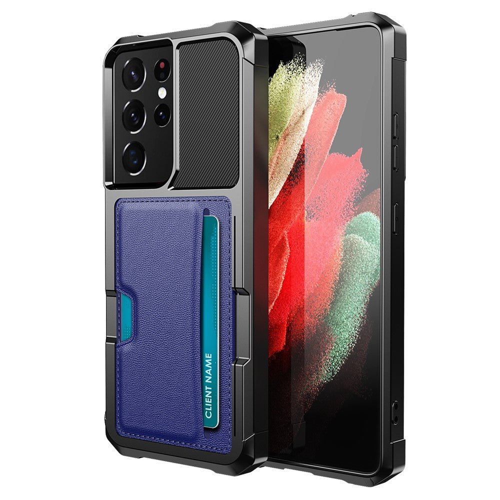 ZM02 Fallskyddande PU-läderbelagt TPU-hybridskal med korthållare och inbyggt magnetiskt ark för Samsung Galaxy S21 Ultra 5G