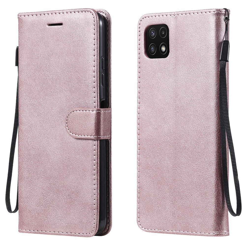 Til Samsung Galaxy A22 5G (EU Version) Etui Ensfarvet Læder Mobilcover Pung Stander med Rem