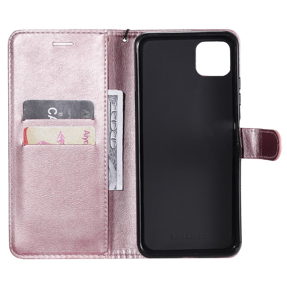 Til Samsung Galaxy A22 5G (EU Version) Etui Ensfarvet Læder Mobilcover Pung Stander med Rem